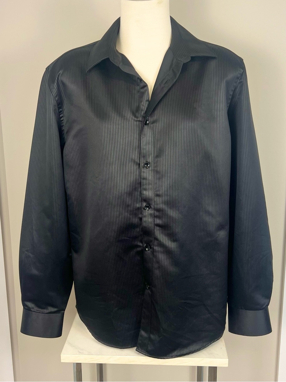 le chateau Black Pinstripe Satin Dress Shirt